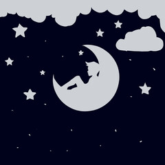 Obraz premium a little boy sit on the moon with stars and clouds on beautifull moon light .