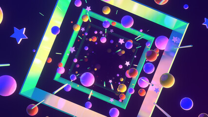 3d render neon stars and spheres corridor. Futuristic sci-fi outer space adventure.