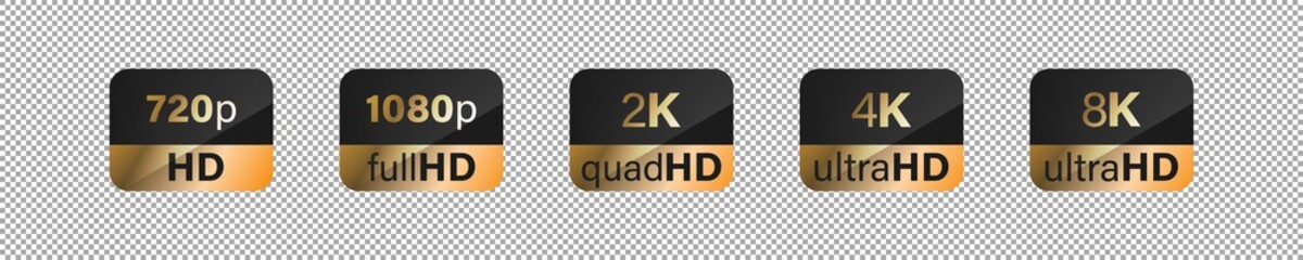 Hd screen definition golden label sticker vector collection. Full, quad, ultra, 4k, 2k, 8k emblem collection.