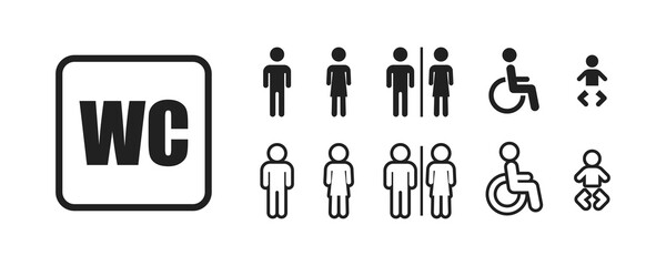 WC restroom toilet icon, man, woman, unisex, baby and wheelchair disabled human restroom isolated symbol collection.