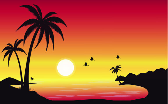 beautiful sunset beach with mountains and palm trees vector
