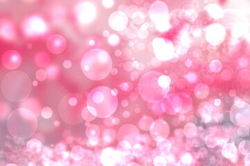 Abstract blurred festive light red pink white winter christmas or Happy New Year background texture with white bokeh circles and stars. Card concept.
