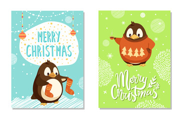 Standing penguin in sweater with pattern of trees holding cup and kid with warm socks. Colorful greeting card Merry Christmas decorated with balls vector