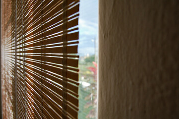 Selective focus shot of bamboo blinds