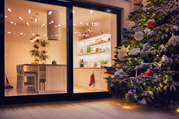 cozy apartment with sliding doors, and decorated christmas tree on the patio at snowy winter night