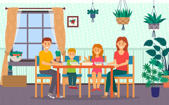 Happy family dining in kitchen at home. Family members smiling mother, father, son and daughter sitting together at the table and eating dinner in kitchen interior. Parents spend time with children