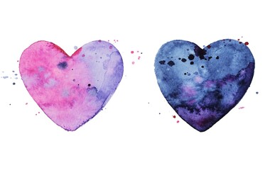 Set of watercolor hearts painted in blue and purple colors. Elements for Valentine's day