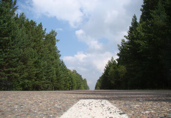 Asphalt road with white markings. Fir green forest. Blue sky with clouds. Bottom view. The concept of the path, directions of movement. Selective focus.