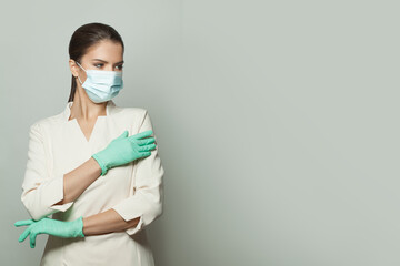 Doctor woman standing on white banner background. Medicine concept