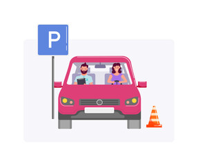 Man examining student parking car on driving test on white