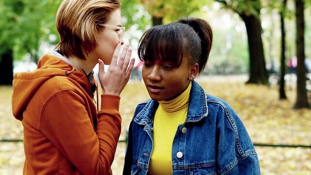 Woman telling gossip to her girlfriend in autumn park.
