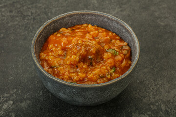 Traditional Georgian Kharcho soup with meat