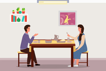 Fototapeta na wymiar People on a date flat vector illustration. Dining table with pitas and tomato soup. Arrangement of furniture. Couple is eating indian food. Characters in relationship are communicating at home
