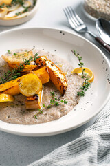 Buckwheat polenta with roasted organic pumpkin, fried lemons