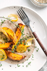 Buckwheat polenta with roasted organic pumpkin, fried lemons