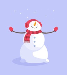 Snowman in earmuffs and scarf enjoying snowfall isolated