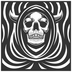 a skull with horn wearing a robe. vector illustration. black and white