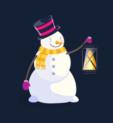 Cute snowman in top hat holding lantern isolated on black