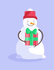 Happy snowman holding Christmas gift box isolated on blue