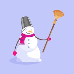 Snowman in bucket and scarf holding broom isolated on blue