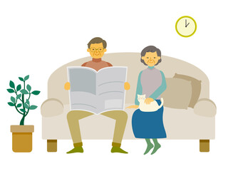 ソファでくつろぐお祖父さんとお祖母さんのイラスト