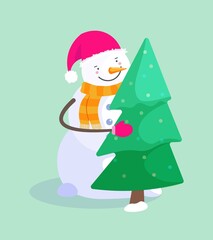 Happy snowman in Santa hat with fir tree on green background