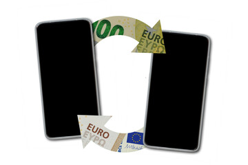 Mobile phones with arrows and euro banknotes - Concept of money transaction and exchange