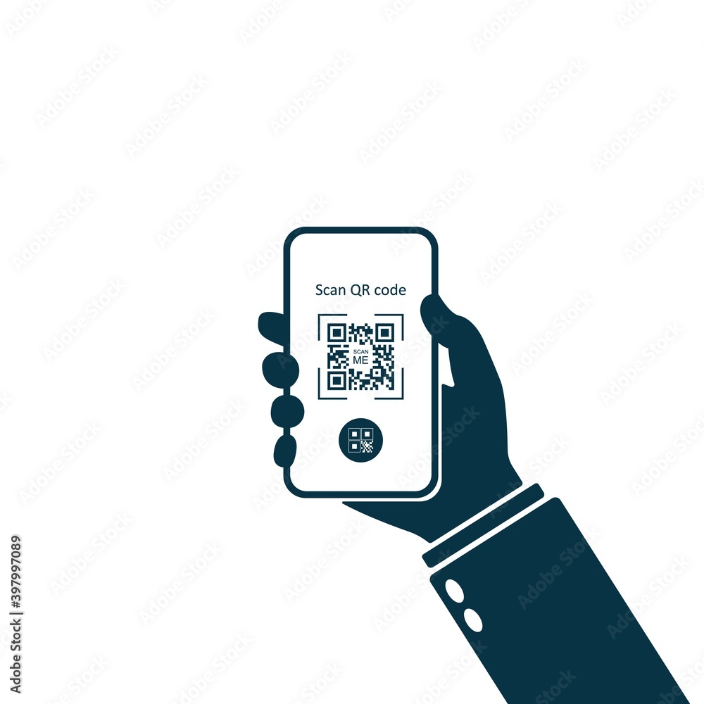 Poster mobile application for scanning qr code. hand holding smartphone. scan qr code icon, phone app, barc