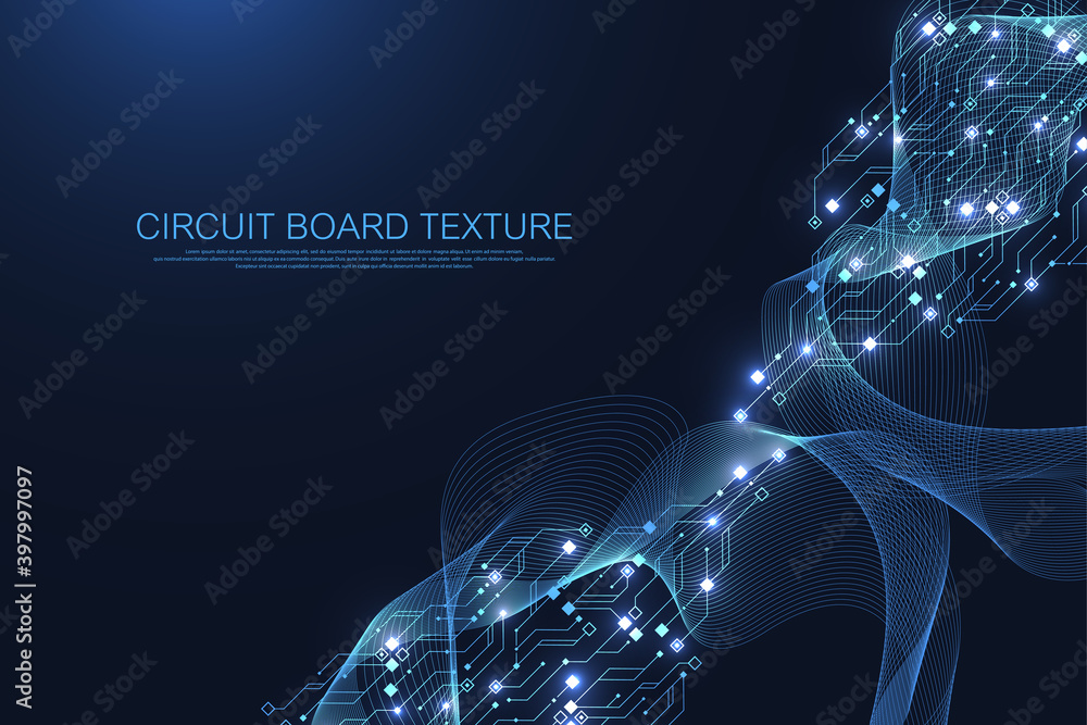 Poster Circuit board technology background with hi-tech digital data connection system. Abstract computer electronic desing background. Motherboard hi-tech, science, futuristic technology vector illustration