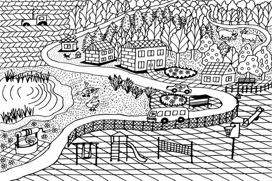 landscape of the city, village, road, houses, well, ducks, cows, playground, trees. illustration. hand drawing. JPG