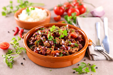 chili con carne- minced beef with tomato sauce, bean and spices