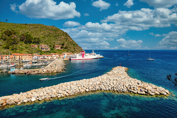 Capraia Italy 04222018 Panorama of the small port and the town of the island of Capraia in the Tuscan Archipelago of Italy