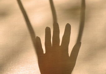 Blurred shadow Human arm in natural light with long lines shadows, toned. Help gesture or  request for help concept