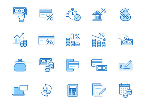 Money loan line icon set. Credit score, low interest, discount card, mortgage percent, tax minimal vector illustration. Simple outline signs for bank application. Blue color, Editable Stroke