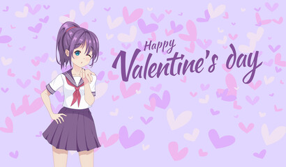 Anime manga schoolgirl in a sailor suit send air kisses.  Vector illustration. Valentine's day card