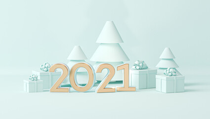 Minimal scene with gift box and pastel blue background. Concept of Happy New Year 2021. 3D numbers 2021 and letter text, poster, banner, cover card, brochure, studio, mockup. 3d render