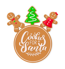 Cookie for Santa Claus merry Christmas gingerbread male and female character vector. Pine tree icon traditional dessert, frosting on sweet biscuits