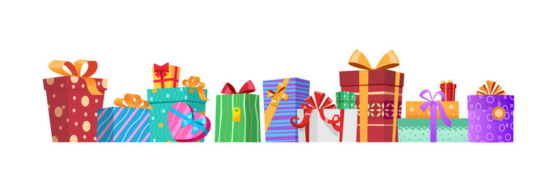 Horizontal composition of multicolored gift boxes with ribbons and bows.