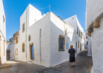 Fototapeta na wymiar Colorful street of Chora Village in Patmos Island