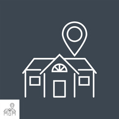 Stay Home related vector thin line icon. House with a navigation position sign . Isolated on black background. Editable stroke. Vector illustration.