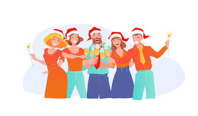 Fototapeta premium Office fun. Joyful business people in santa claus hats celebrate new year and christmas. Clinking glasses