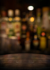 Wooden top table with bokeh light effect and blur restaurant on background, blur background.