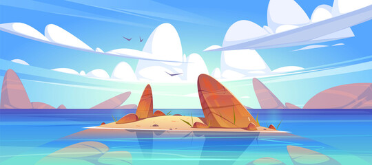 Ocean or sea nature landscape with shallow or land with rocks in clean water under fluffy clouds and gulls flying in sky. Morning or day time tranquil seascape background, Cartoon vector illustration