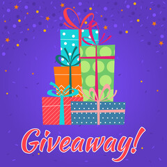 Giveaway banner with gift box stack or pile. Give away poster. Vector illustration.