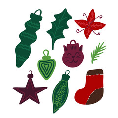 Christmas toys decoration set. Spruce branch, twig, flower, star isolated on white background. Red sock, green leaf, brown cat hand drawn cartoon composition. Happy new year celebration. Use to banner
