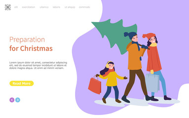 Preparation for Christmas winter holidays family celebrating event vector. Father carrying evergreen pine tree in hands. Mother child with packages