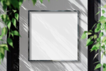 Metal frame hanging in street mockup. Template of a picture framed on a wall bathed in sunlight 3D rendering
