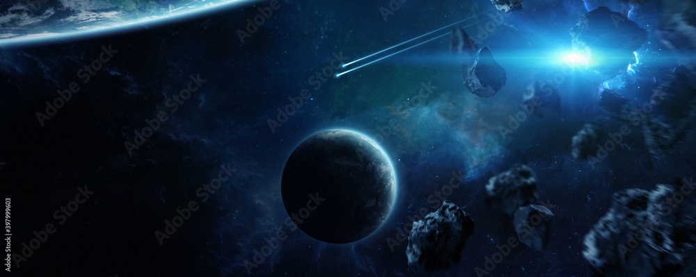 Poster distant planet system in space with exoplanets 3d rendering elements of this image furnished by nasa