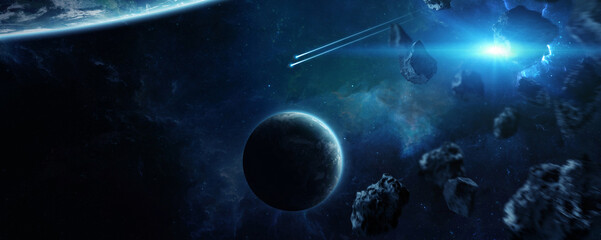 Distant planet system in space with exoplanets 3D rendering elements of this image furnished by NASA © sdecoret