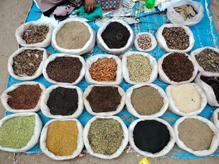 Goa, Maharashtra/India- November 21 2020: A variety of rare and Flavorful spices found in the Southern part of  India- Kerala. 25 Essential Spices for Indian Cooking. List of common and popular spices